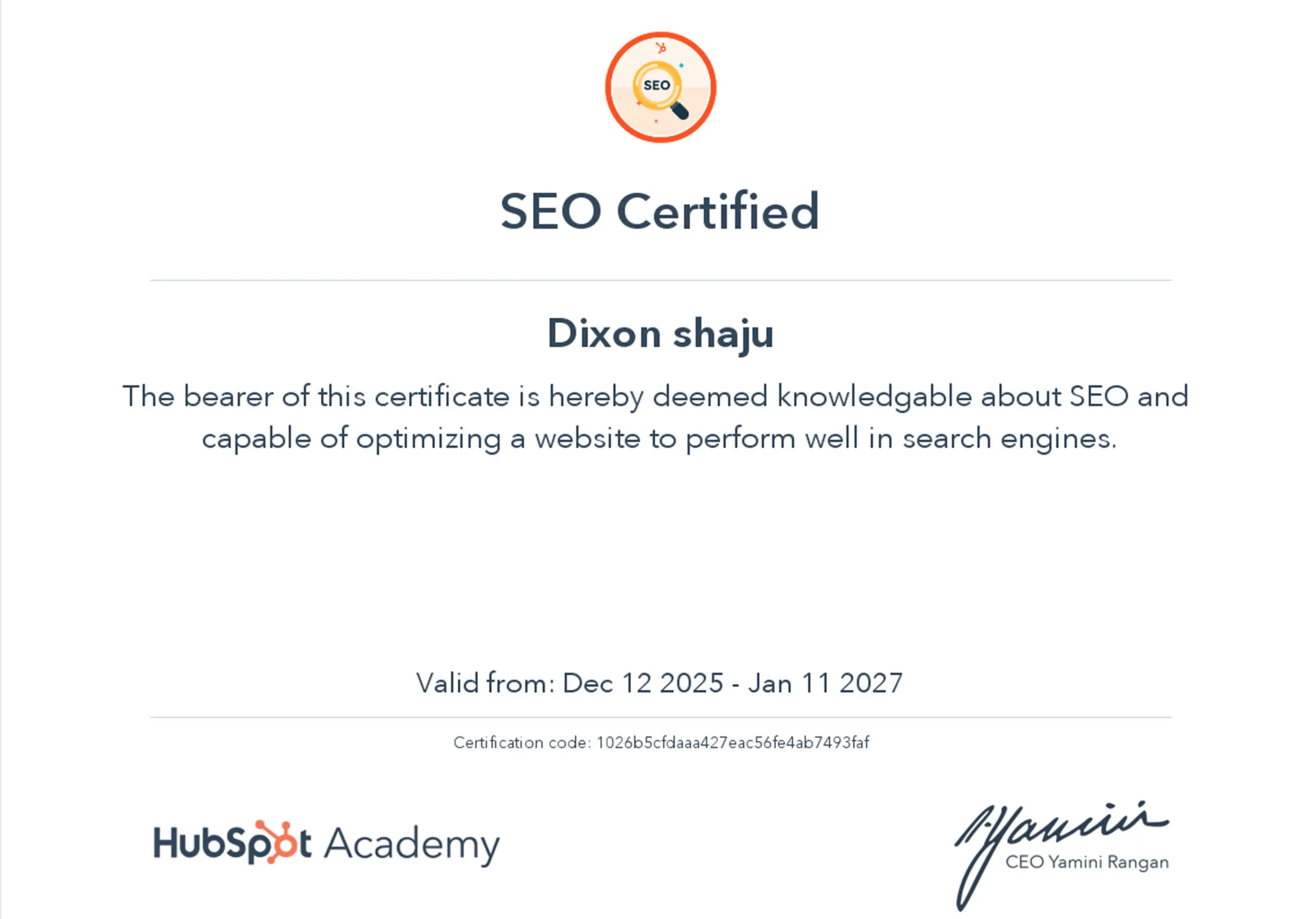 Hubspot SEO certificate
