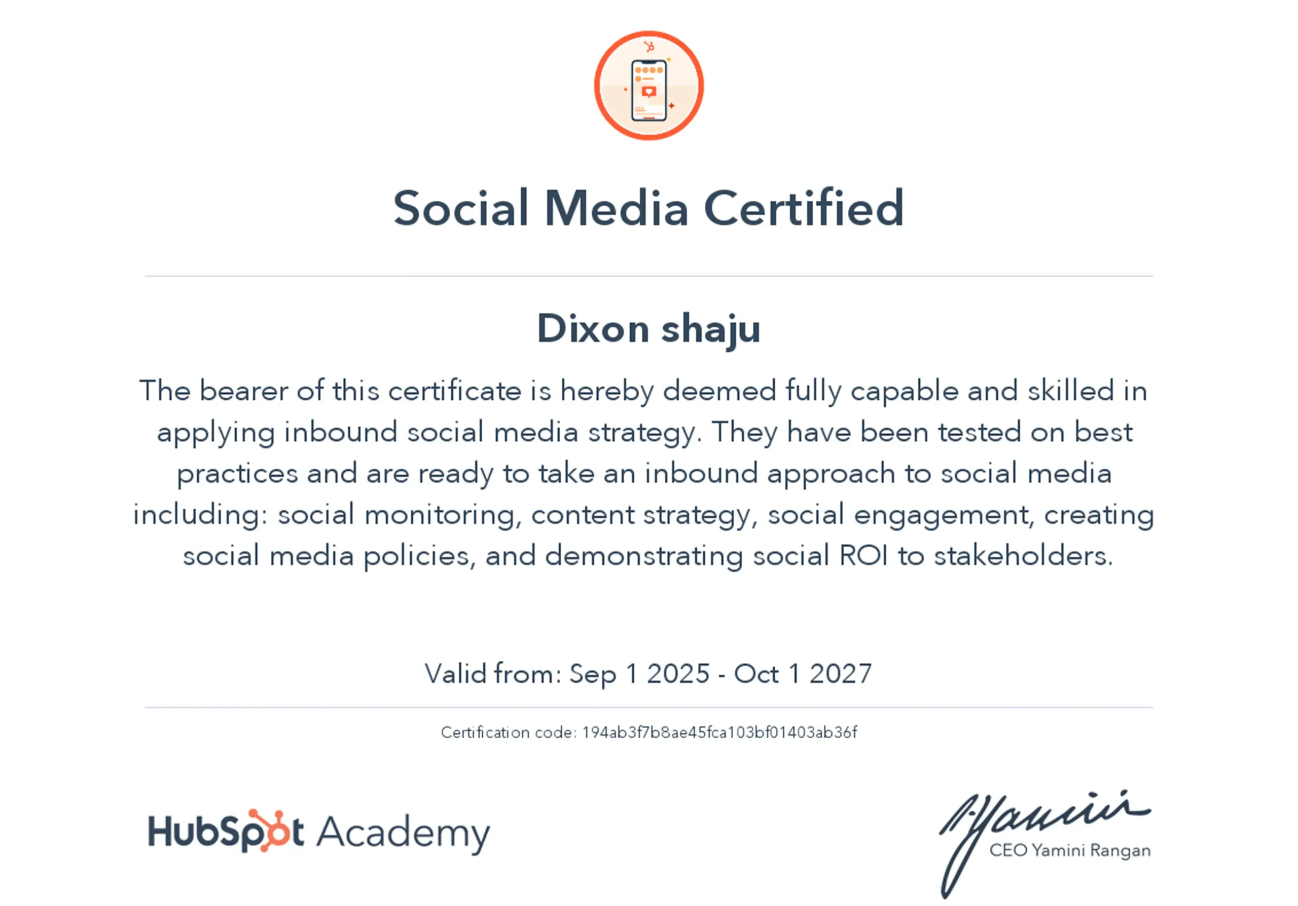 Hubspot SMM certificate